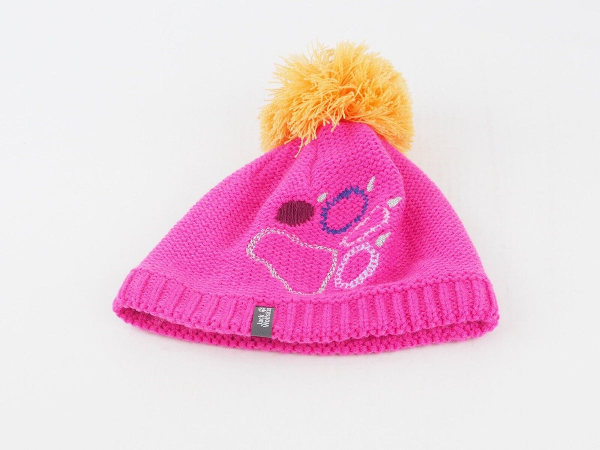 Girls Jack Wolfskin Paw Print Knit Cap Pink Warm Winter Hat With A Pom Pom