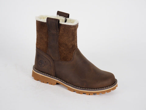 Boys Girls Timberland Chestnut Ridge A14IE Brown Leather Warm Ld Pull On Boots