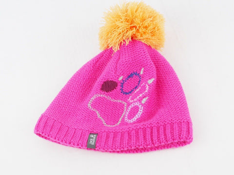 Girls Jack Wolfskin Paw Print Knit Cap Pink Warm Winter Hat With A Pom Pom