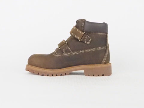 Boys Timberland Pokey Pine 80706 Brown Leather 2 Strap Hook And Loop Boots