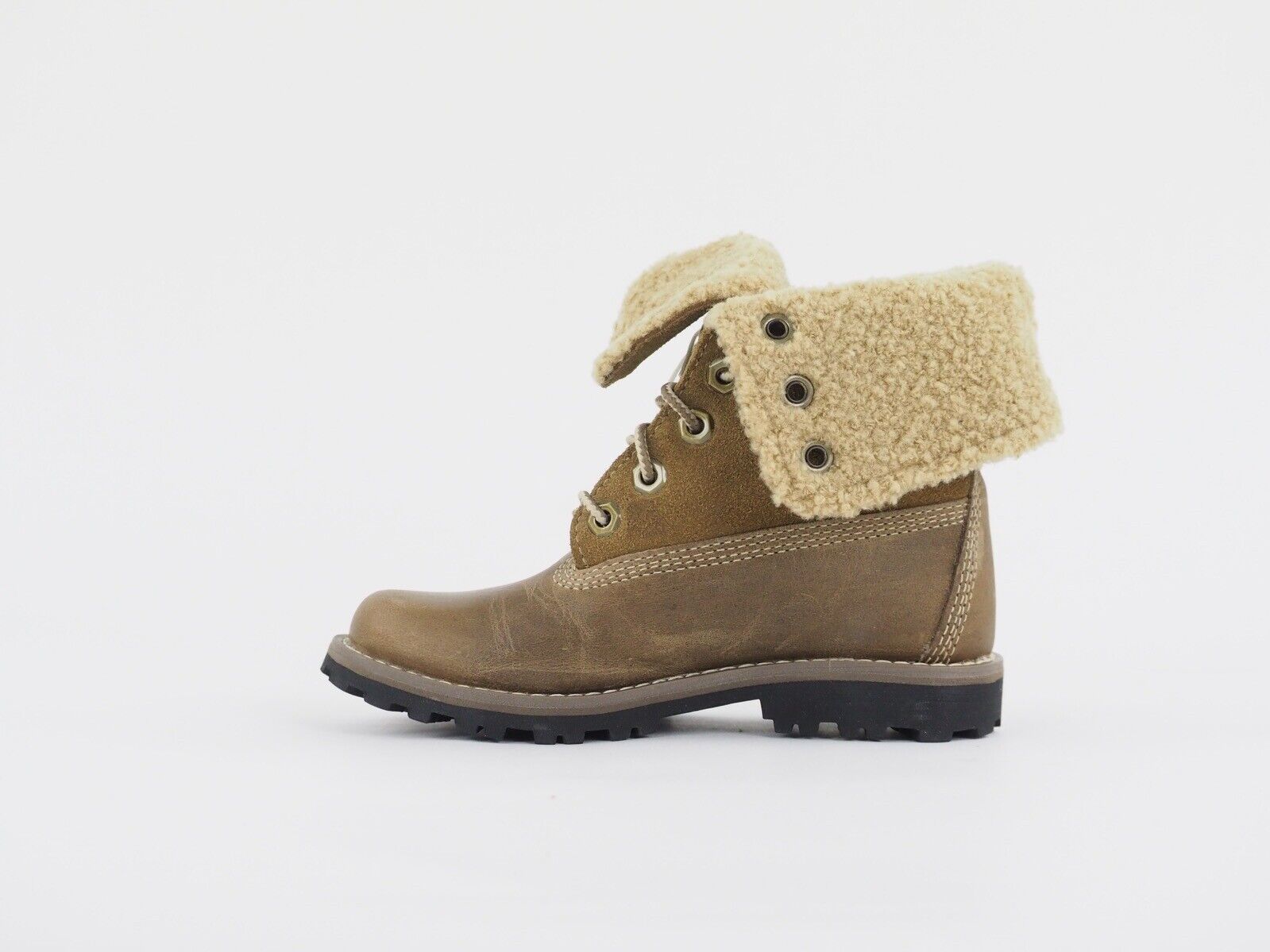 Girls Timberland Shearling 18801 Taupe Leather Lace Up Kids Winter Cotton Boots