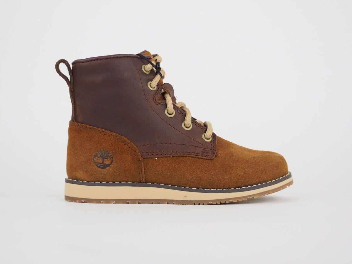 Boys Timberland Newmarket A1CFN Brown Leather Lace Up Side Zip Kids Boots