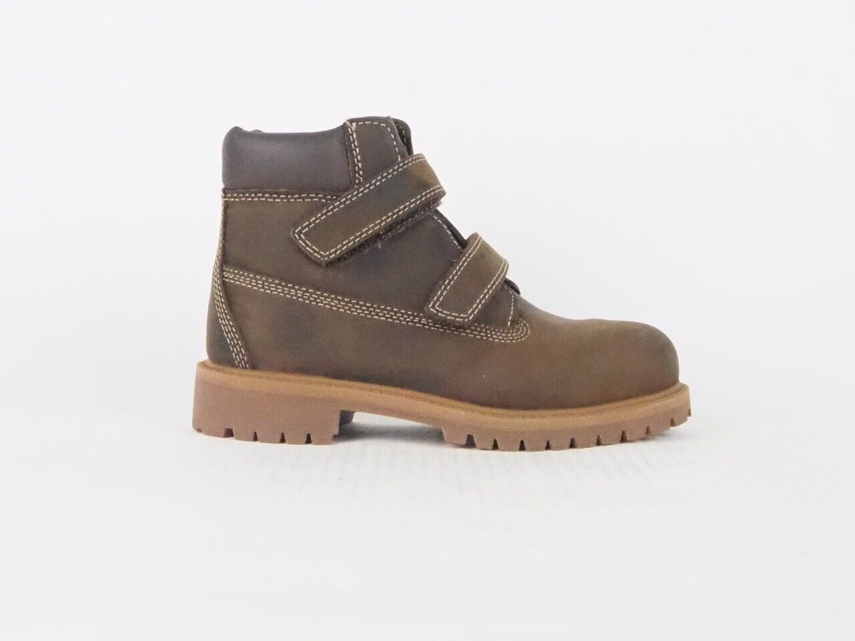 Boys Timberland Pokey Pine 80706 Brown Leather 2 Strap Hook And Loop Boots