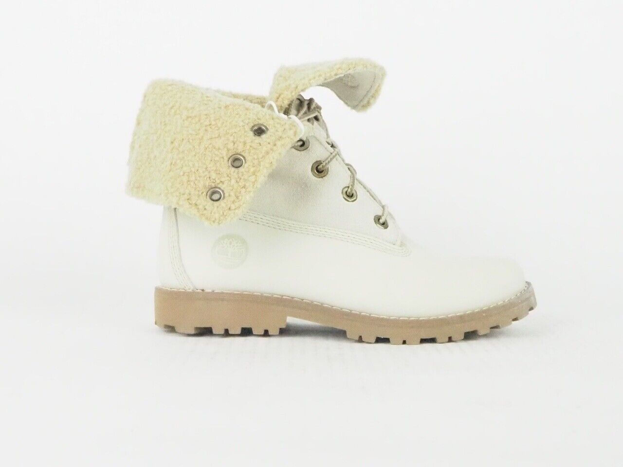 Girls Timberland Classic Fold Down 21726 Cream Leather Fur Lined Lace Up Boots