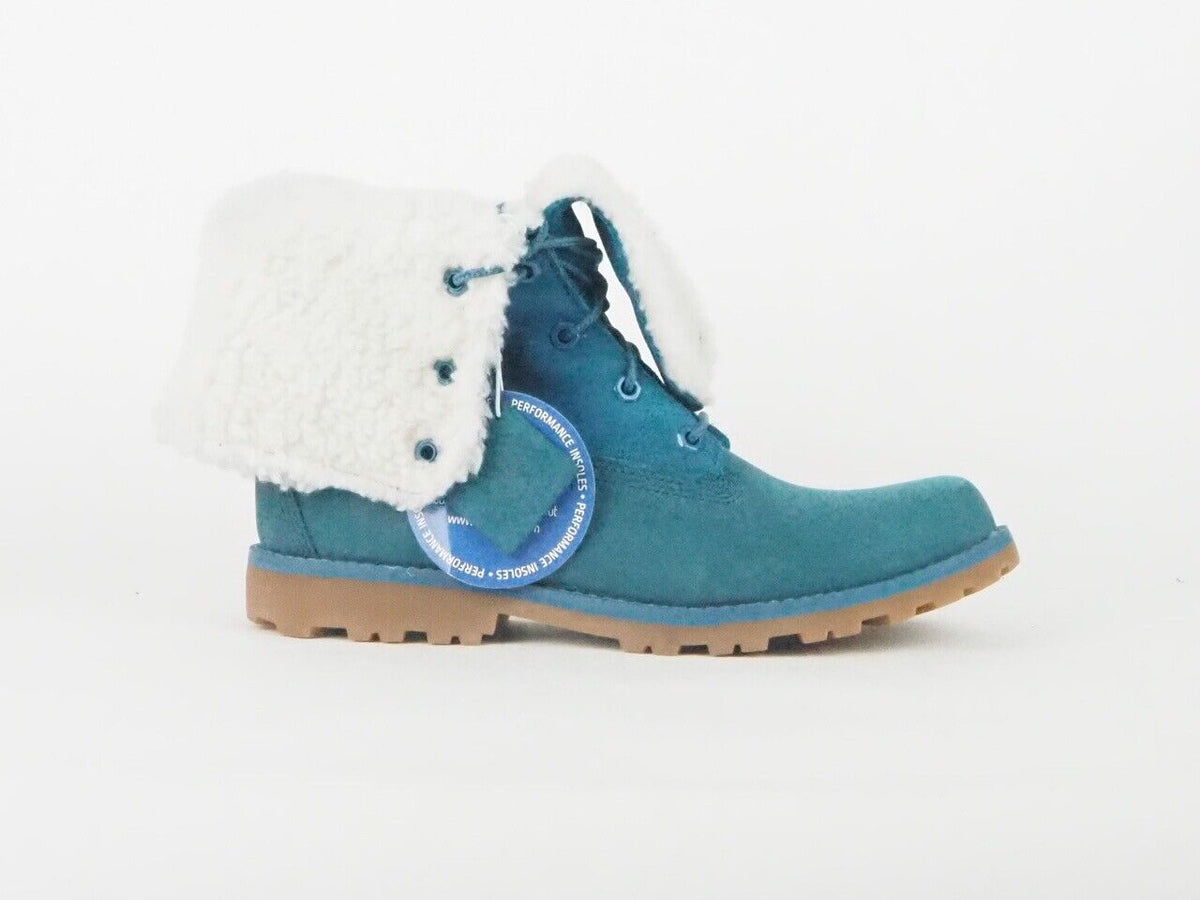 Juniors Timberland Shearling Fur Roll Top A157A Blue Leather Lace Up Boots