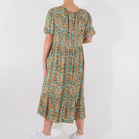 Womens Ex Finery Half Sleeve Dress Green Floral Round Neck Ladies Long Dress