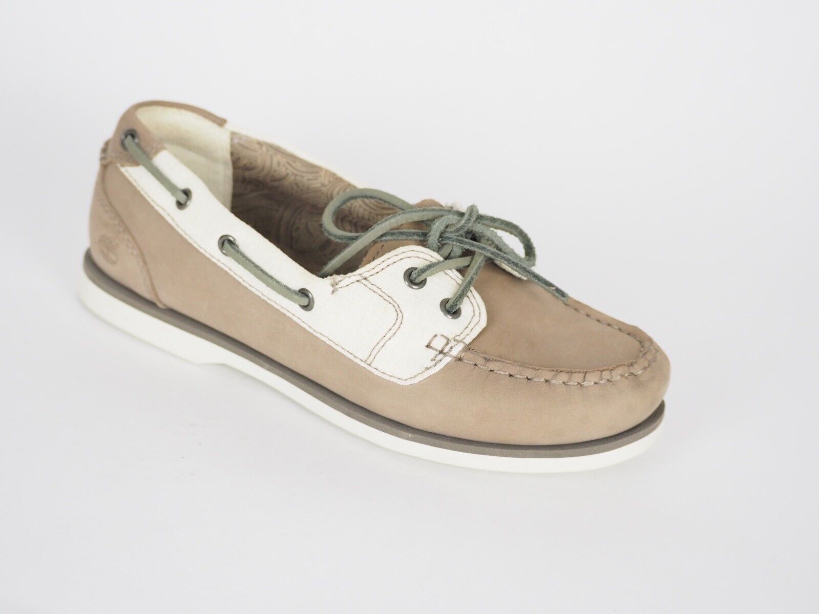 Womens Timberland 2 Eye 27616 Taupe Leather Fabric Boat Deck Shoes - London Top Style