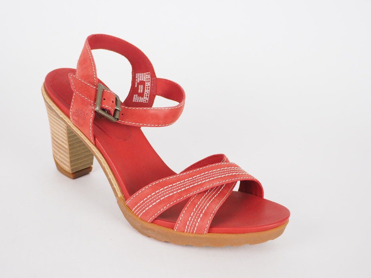 Womens Timberland EK 8135R Red Leather Summer Shoes High Heel Strappy Sandals