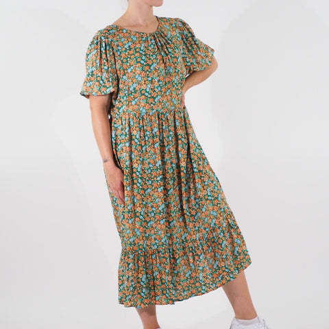 Womens Ex Finery Half Sleeve Dress Green Floral Round Neck Ladies Long Dress