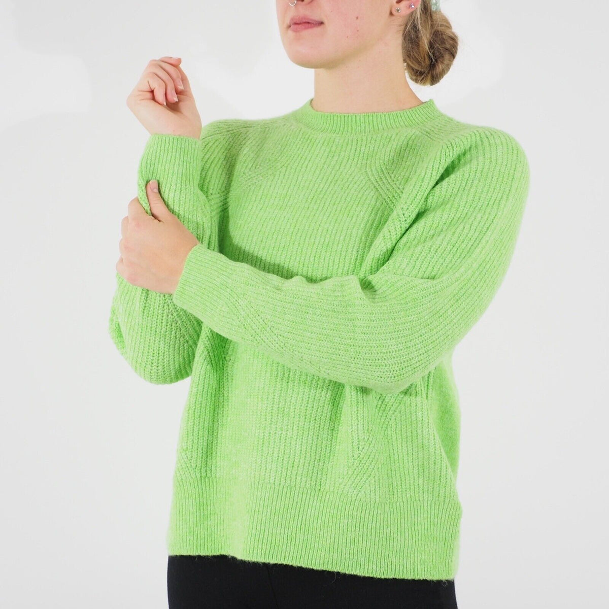 Womens Ex M&S Long Sleeve Jumper Green Round Neck Ladies Soft Acrylic Jumper